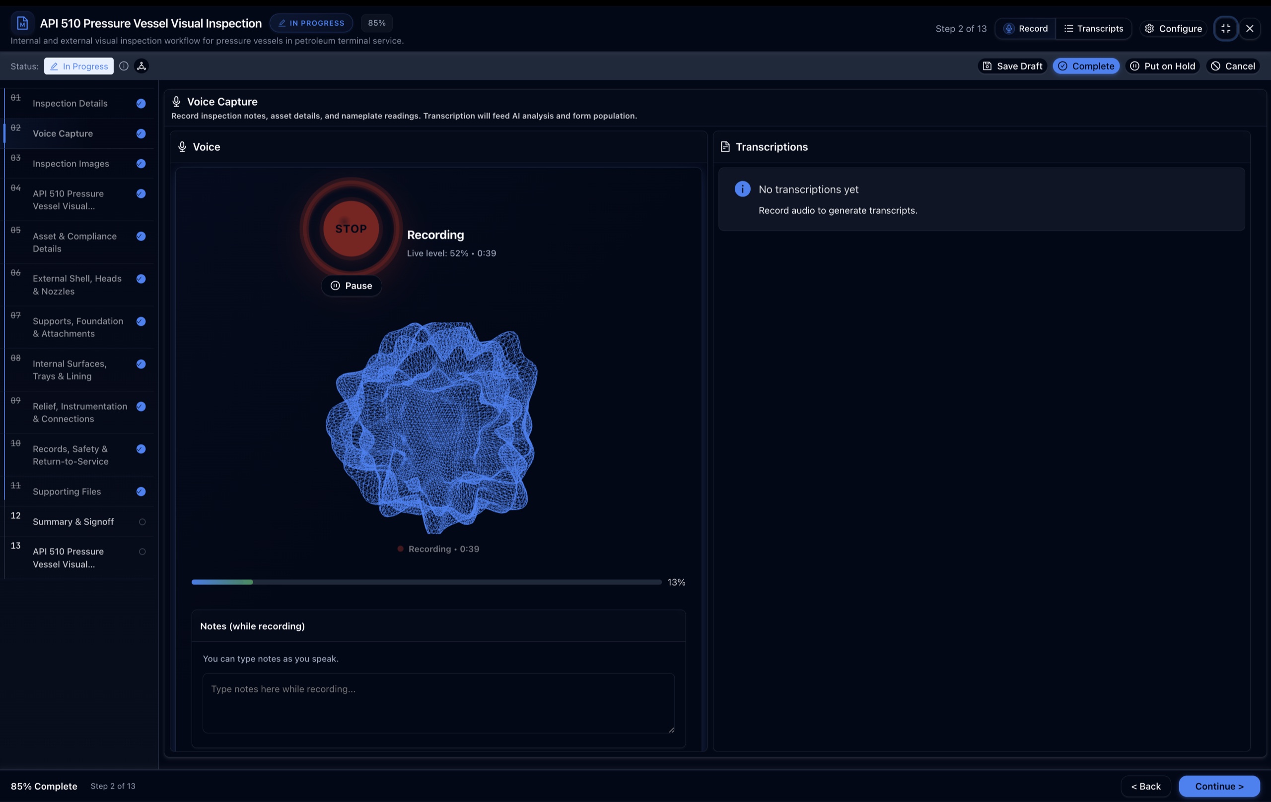 intelliSPEC voice capture: recording field notes for AI transcription and form population