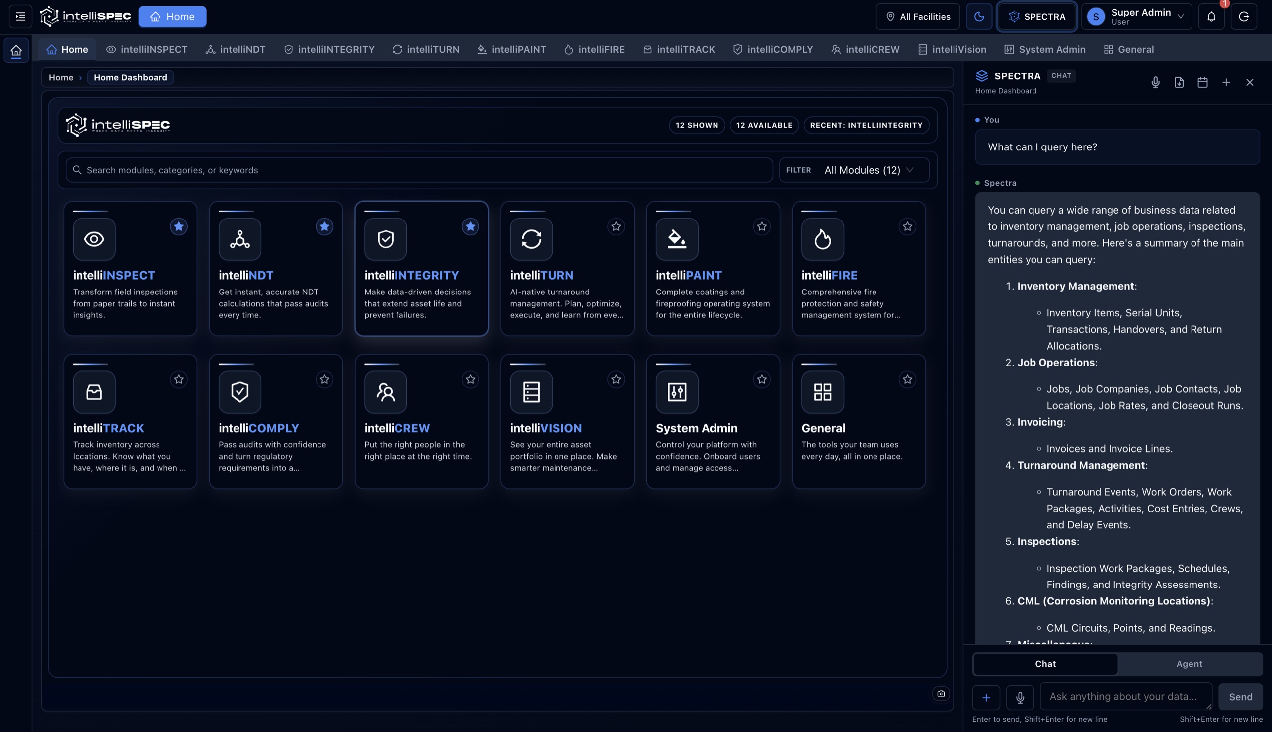 intelliSPEC workspace: the module launcher with the Spectra copilot answering a data query