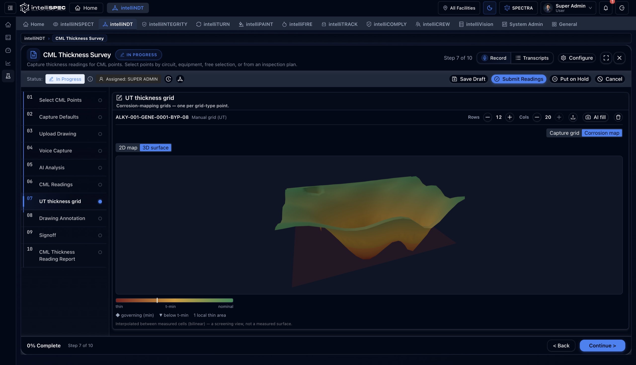 intelliSPEC 3D thickness survey: a corrosion surface interpolated from UT grid readings