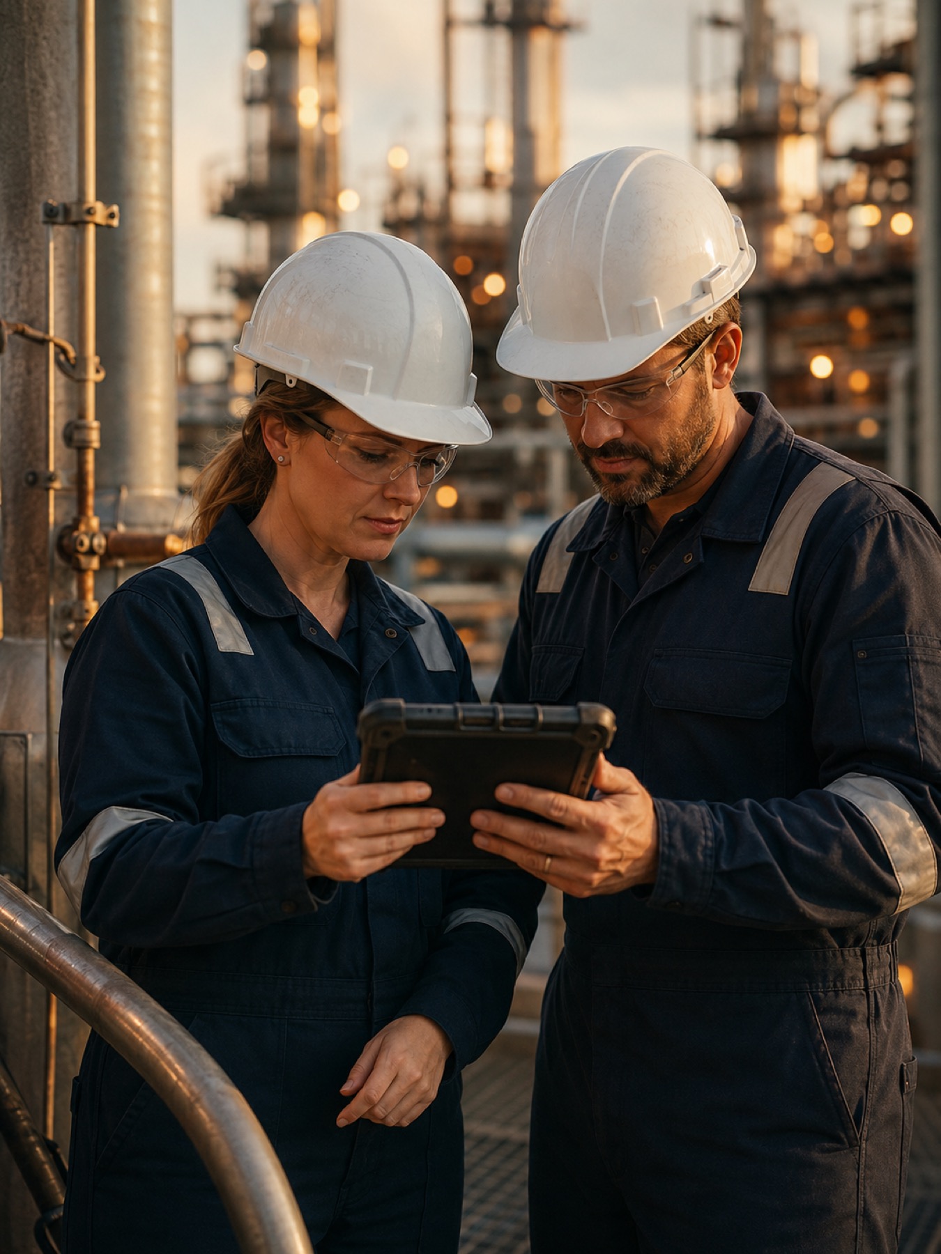 Two industrial operators reviewing a rugged tablet during implementation