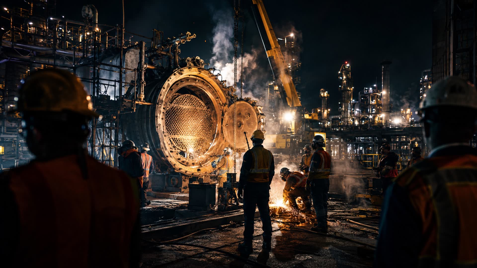 A refinery turnaround at night: crews around an opened vessel, lit by work lights and sparks