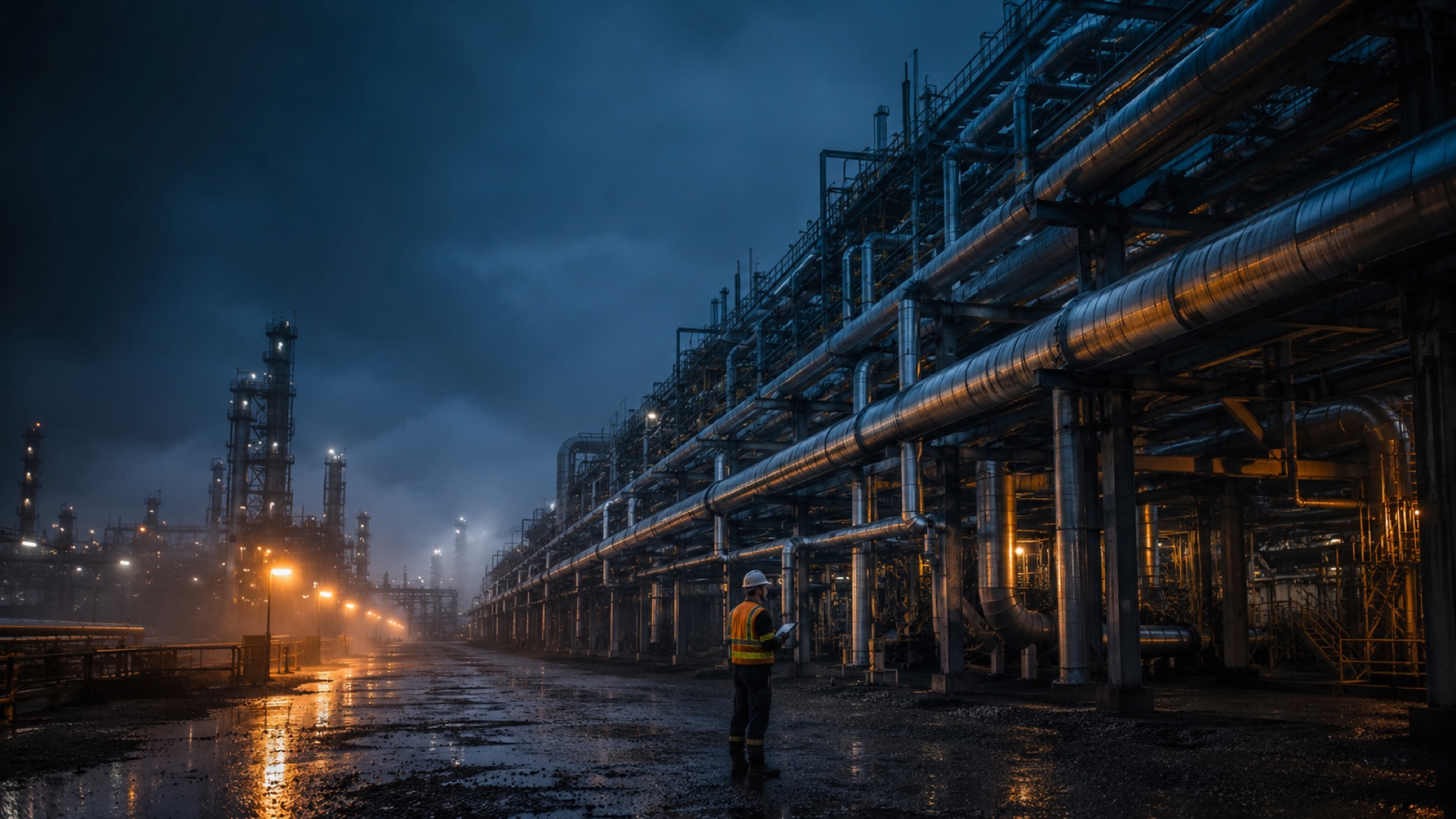 A lone inspector under a vast pipe rack at dusk, far from any signal