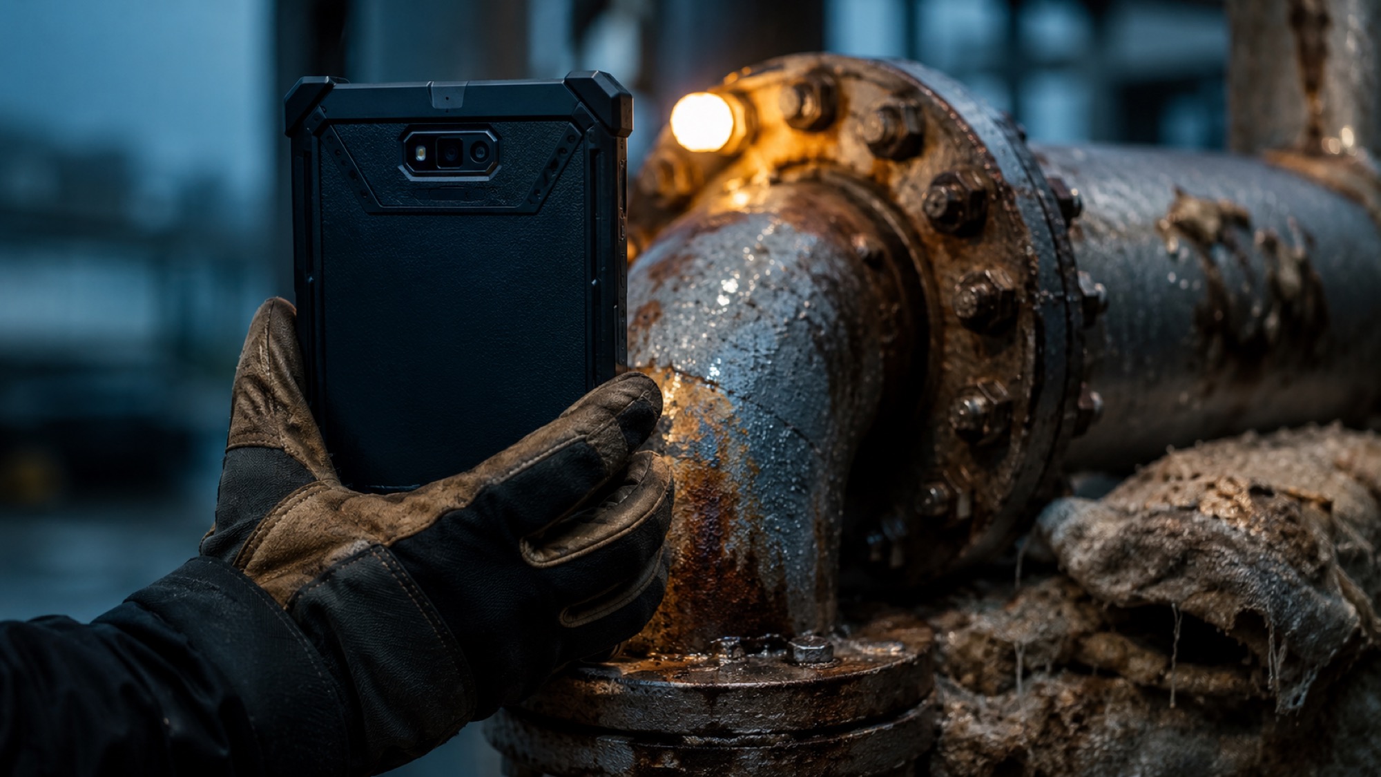 A gloved hand holding a tablet camera up to a corroded, bolted pipe flange
