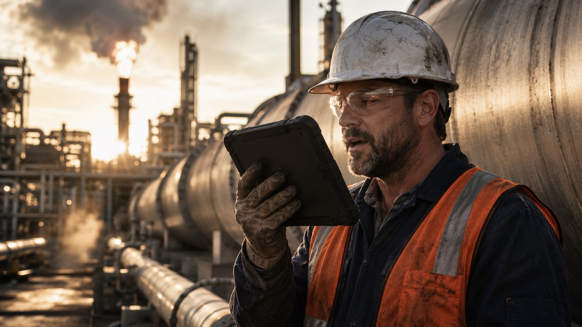 An inspector dictating a reading into a rugged tablet beside refinery piping at golden hour